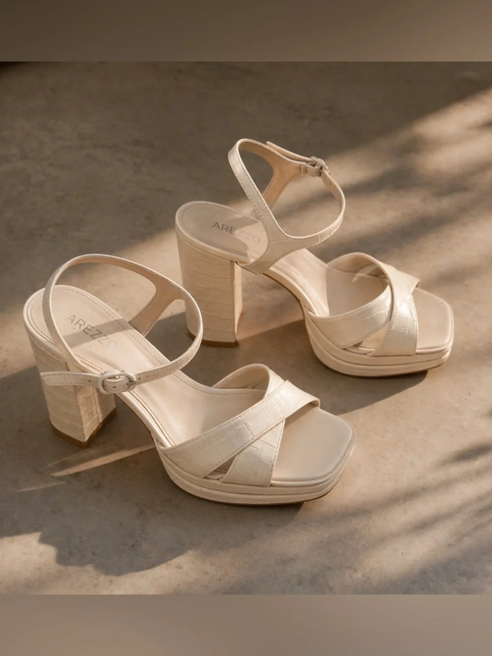 Arezzo Croc Embossed Platform Block Heel Sandals Nude US 9